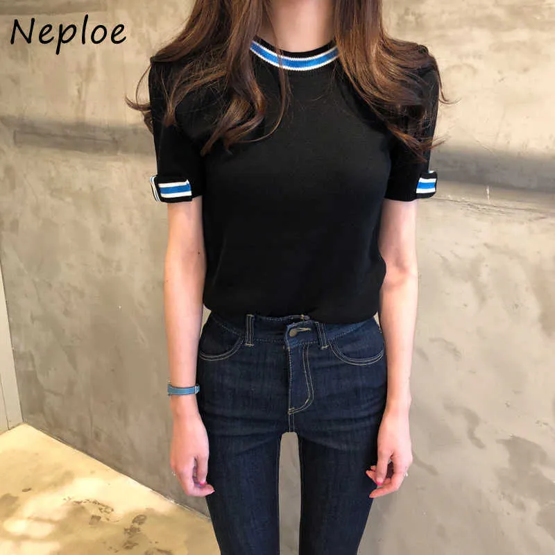 Neploe Hit Color Patchwork Lâche Pull en tricot Femmes O Cou Pull à manches courtes Tees Summer 2021 Nouveau Sueter Casual All Match X0628