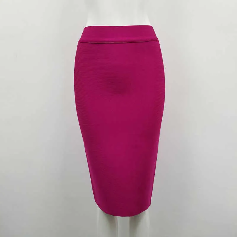 最高品質の女性のスカート膝の長さ黒黄色のグリーンレーヨン包帯鉛筆の女性ファッションフォーマルスカート無料210629