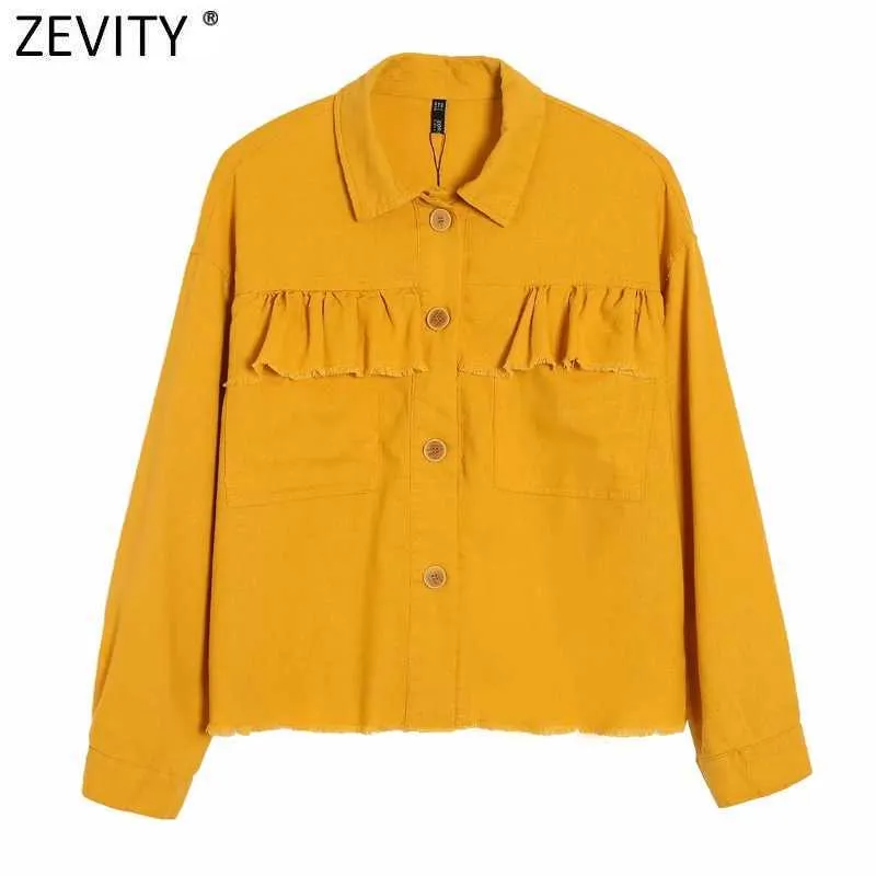 Zevity Women Vintage Cascading Ruffle Fickor Patch Yellow Shirt Coat Kvinnlig Långärmad Singel Bröst Jacka Chic Tops CT700 210603