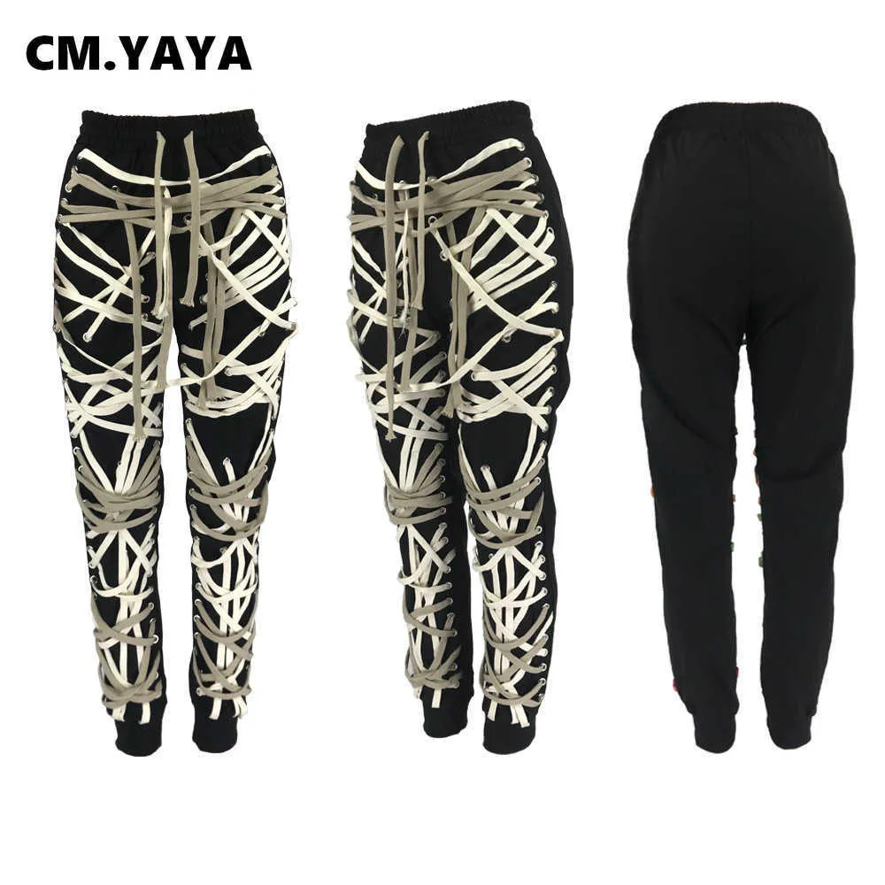 CM.Yaya Streetwear Kobiety Lace Up Struny Spodnie Wysokiej Talii Hip Hop Spodnie Acedwear Sports Jogger Dresy 210925