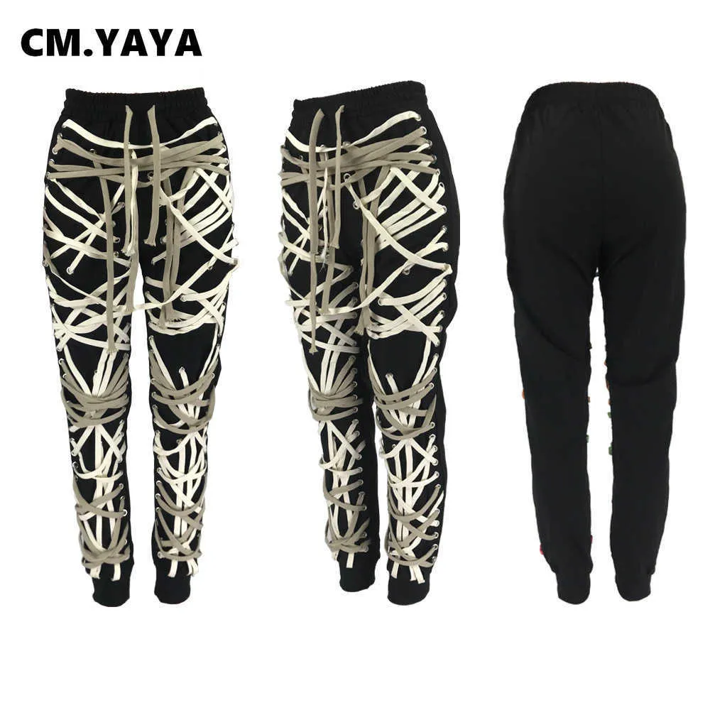 Cm.yaya streetwear vrouwen lace up snaren broek hoge taille hip hop broek Activewear sport jogger joggingbroek 210925