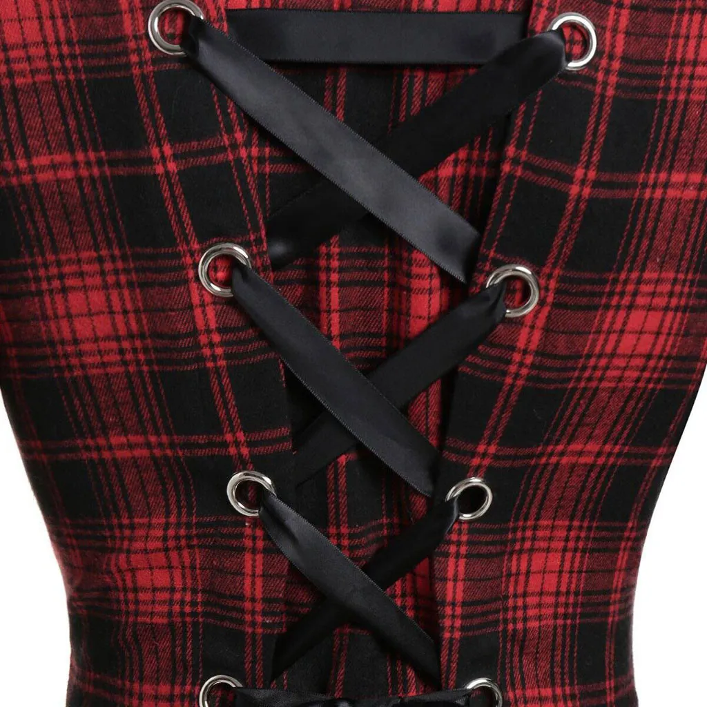 Winter Gothic Red Plaid Faux Fur Hooded Goth Back Lace-Up Button Långärmad Plus Size Women Dress 201008