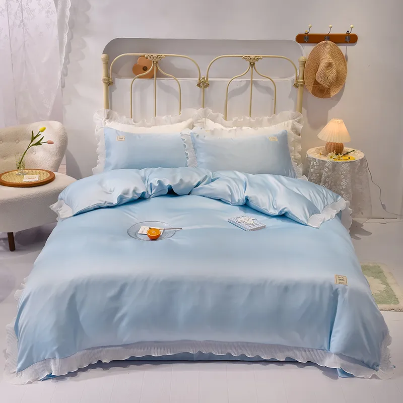 Simples cetim laço sólido colorido conjunto de cama nórdico capa de edredão rainha king 220x240 roupa de cama folha de linho conjunto de quilt