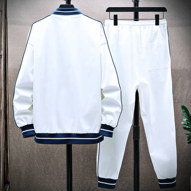 2021 New High Street Black White Tracksuit Homens Jogging Set 2 Peça Casaco de Beisebol + Calças Streetwear Vestuário Casual Suor Suor X0909