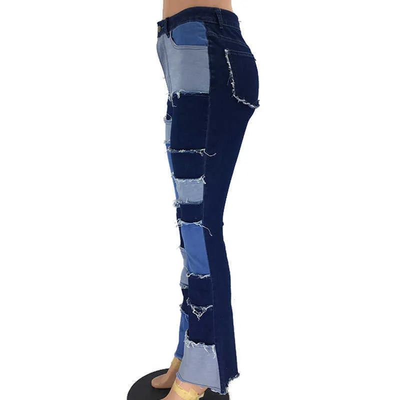 Damskie dżinsy Damskie Kobiety Patchwork Flare Stretch Ripped Color Block Vintage Dżins Spodnie Damskie Spodnie 210708