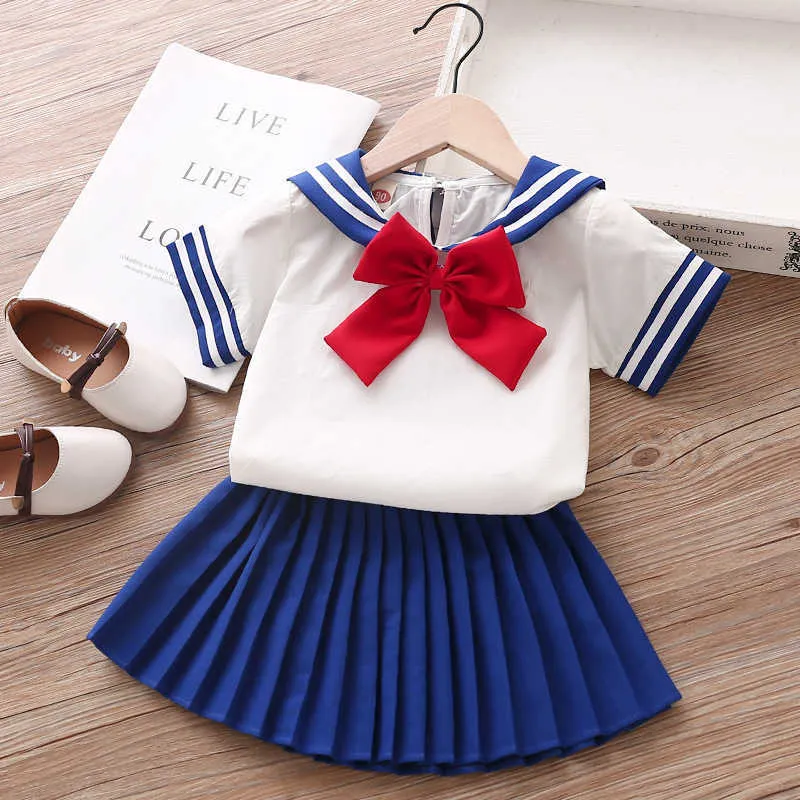 Summer Girl Clothes Sets Fashion Navy Short Sleeve +Pleated Skirt Kids Suit Cute Toddler 210611