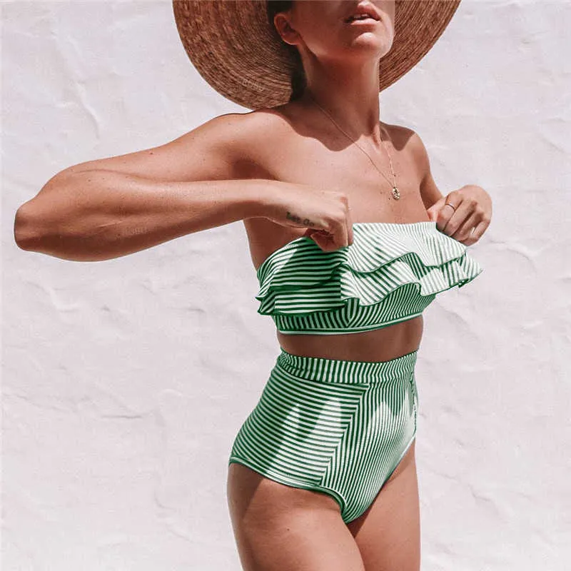 Seksowna Wysoka Talia Bikini Swimsuit Kobiety Wzburzyć Swimwear Striped Set Off Bandeau Bandeau Summer Beachwear 210621