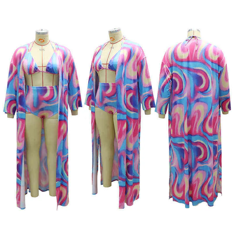 Holiady Beach Women Plus Size Bikini Suits Summer Gradient Color Print Halter Bra + Underwear + Ankle-length Cardigan Sets 211116