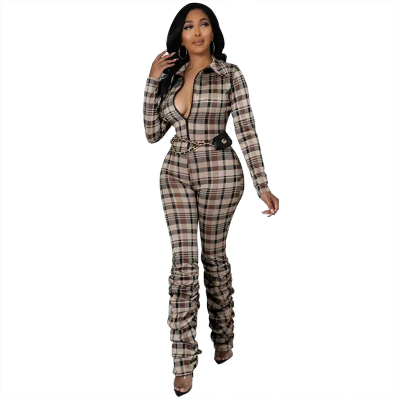 Ladies Plaid Jumpsuits New Slim Fit Lapel Neck Zipper Winter Long Sleeve Pile Of Pants Fashion Temperament Rompers