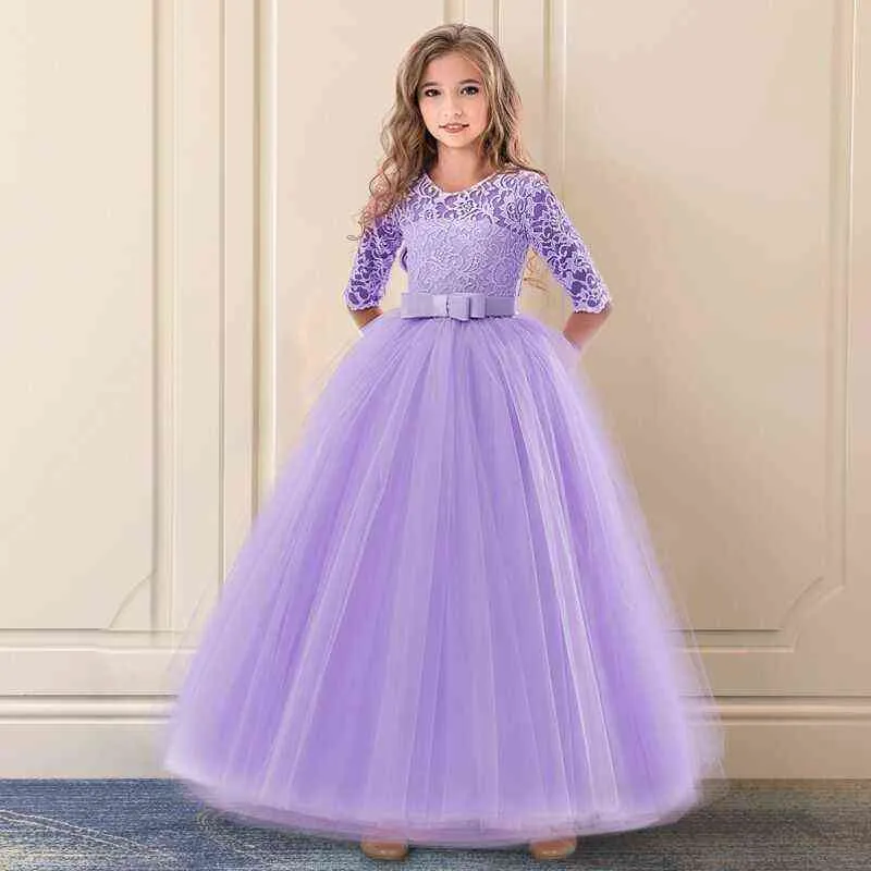 Red Christmas Dress Lace Flower Girls Wedding Party Children Clothing Elegant Long Gown Formal Evening Kids Dresses for 220110