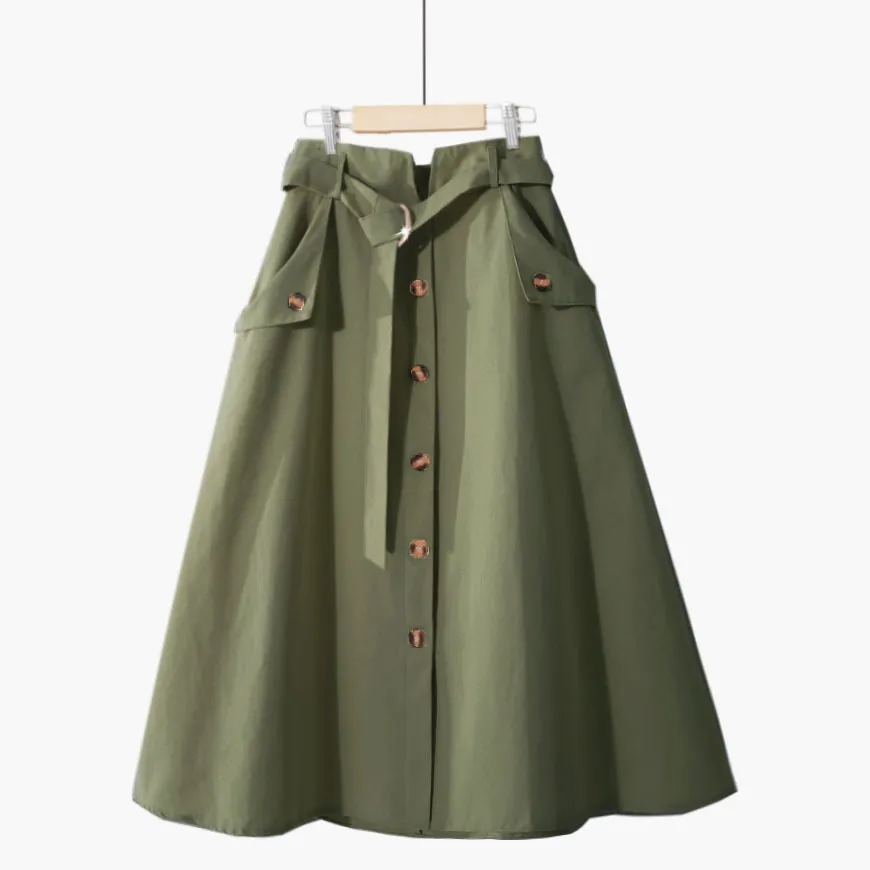 Summer Lace Up Cotton Solid Mid Skirt For Womens High Waist Single-breasted A-line Skirt Women Black High Waist Skirt Femme 210315