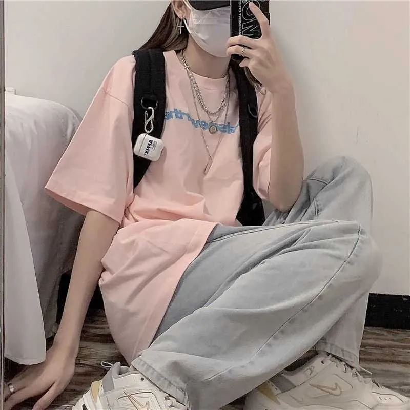 Light pink all-match T-shirt summer Harajuku BF Hong Kong style short-sleeved women's trend letter printing oversize tops 210526