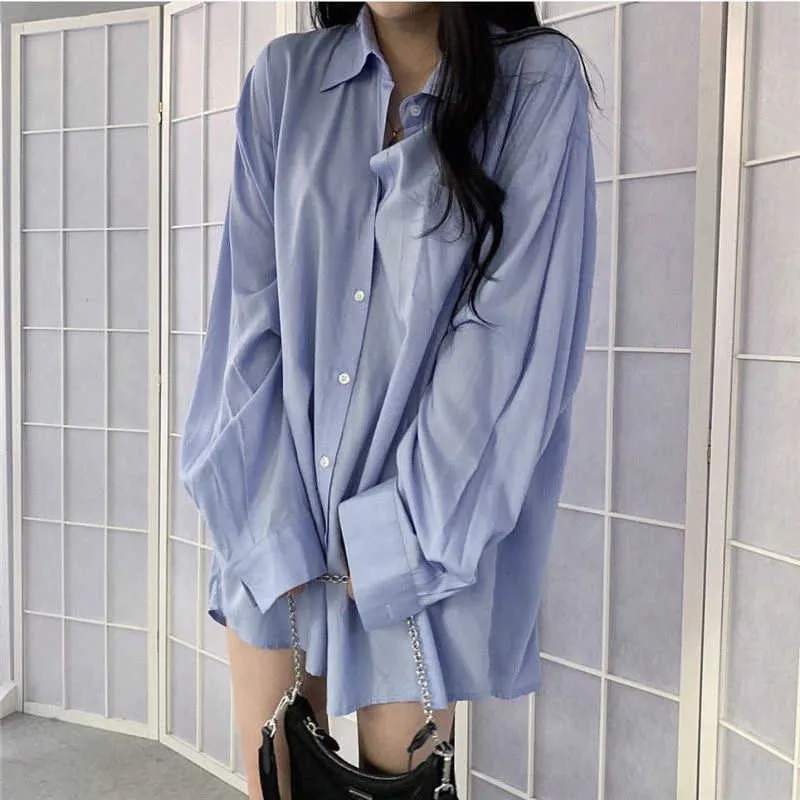 Aelegantmis Stile Coreano Casual Allentato Plus Size Camicetta Bianca Camicia Donna Primavera Accogliente Blu Femminile Oversize All Match 210607