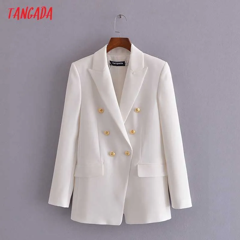 Tangada Femmes Mode Blanc Blazer Manteau Or Double Boutonnage À Manches Longues Femelle Survêtement Chic Tops 3H08 210609