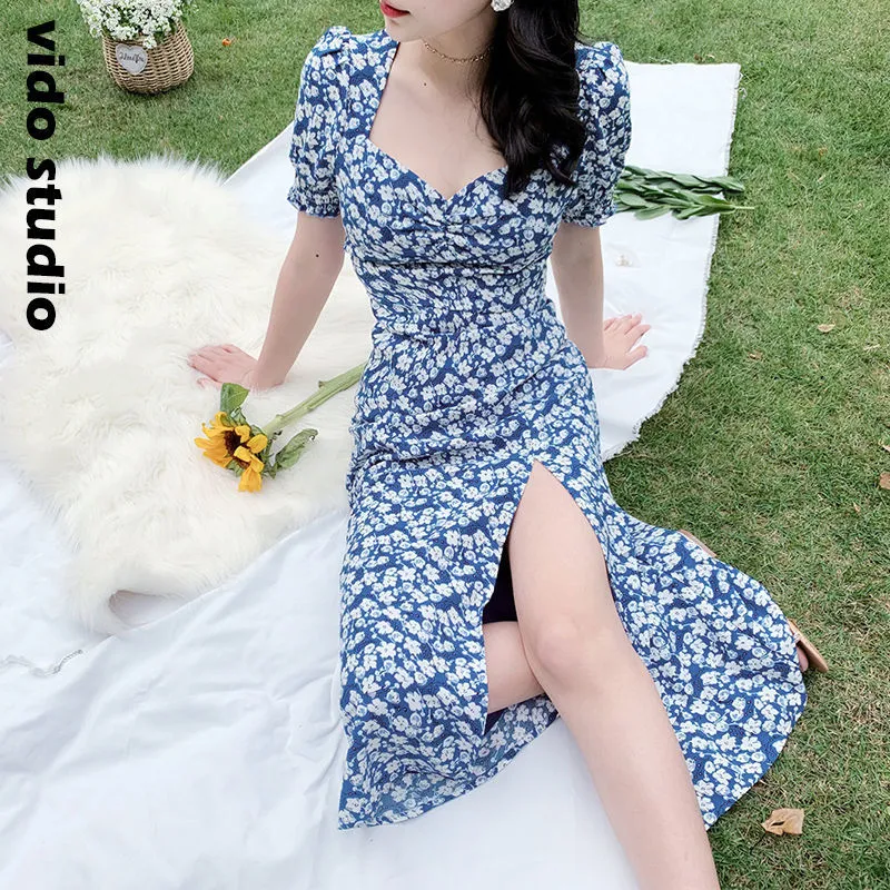 JUNELOVE MIDI Dress Women Elegancka koreańska vintage krótkie rękawie Summer Split Plaży Sukienka wakacyjna Party Flack Boho Vestidos 210302