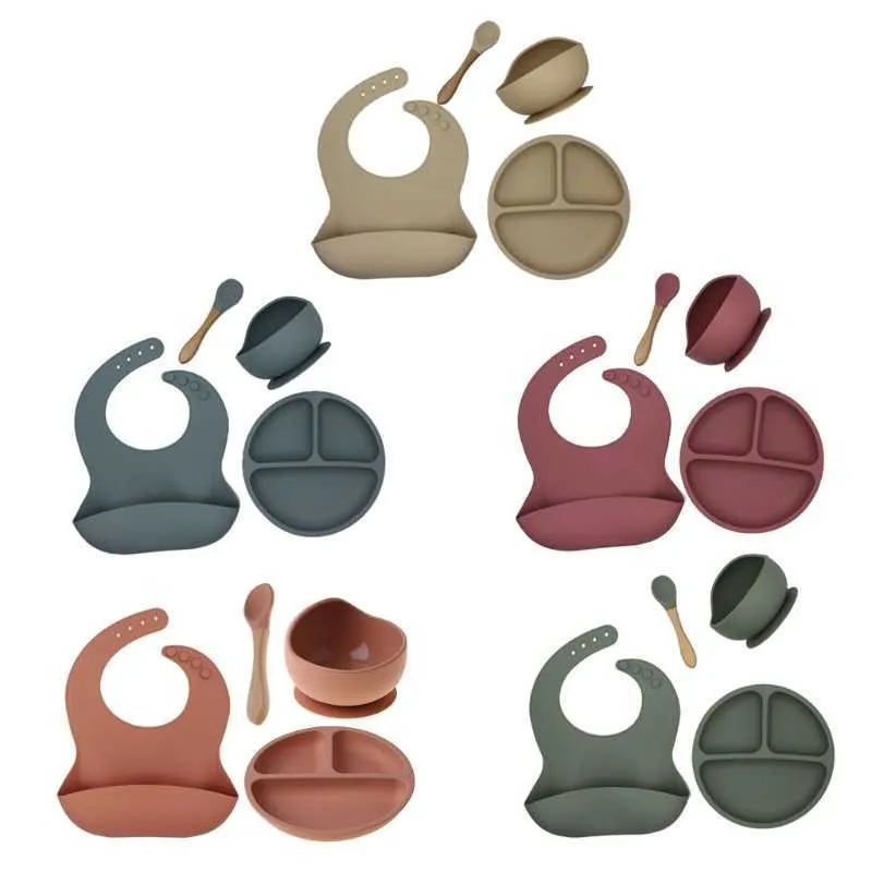 4 pièces ensemble bébé Silicone vaisselle étanche bavoir assiette ventouse bol cuillère 2109032475988