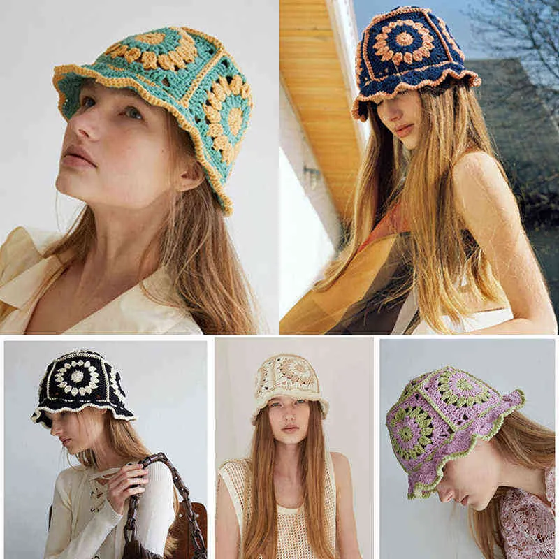 Femmes fleur creuse tricoté chapeau de pêcheur à la main au Crochet correspondant bassin chapeau printemps été crème solaire chapeaux de soleil femme Panama 220117277333