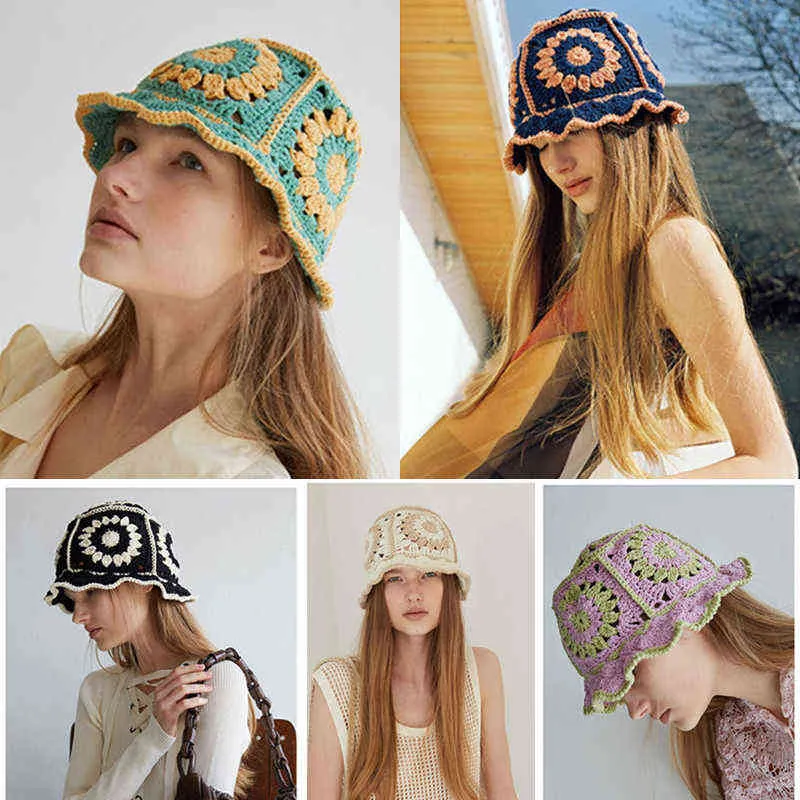 Mulheres oco flor malha pescador chapéu artesanal crochê combinando bacia chapéu primavera verão protetor solar chapéus de sol feminino panamá 220112965