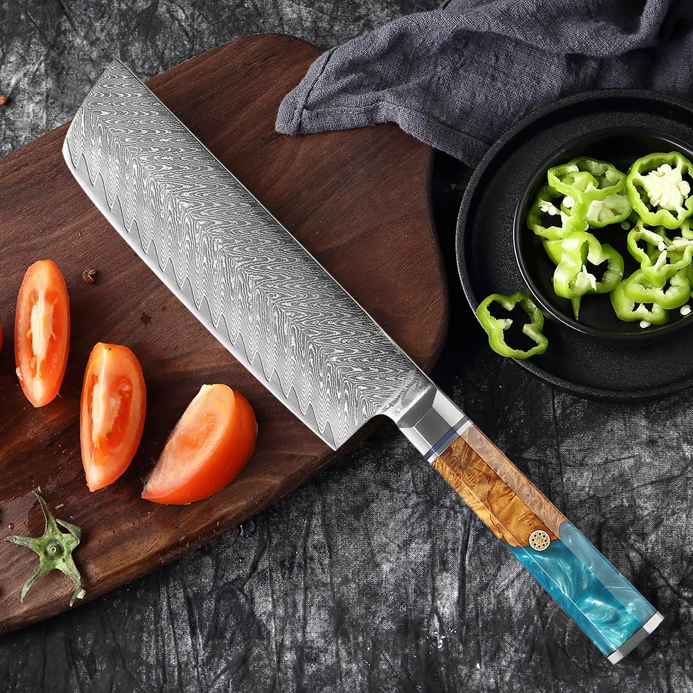 Xituo 7 pouces nakiri couteau japonais damas carbone acier cuisine couteau familial végétal couteau tranchant les couteaux très pointus couteaux