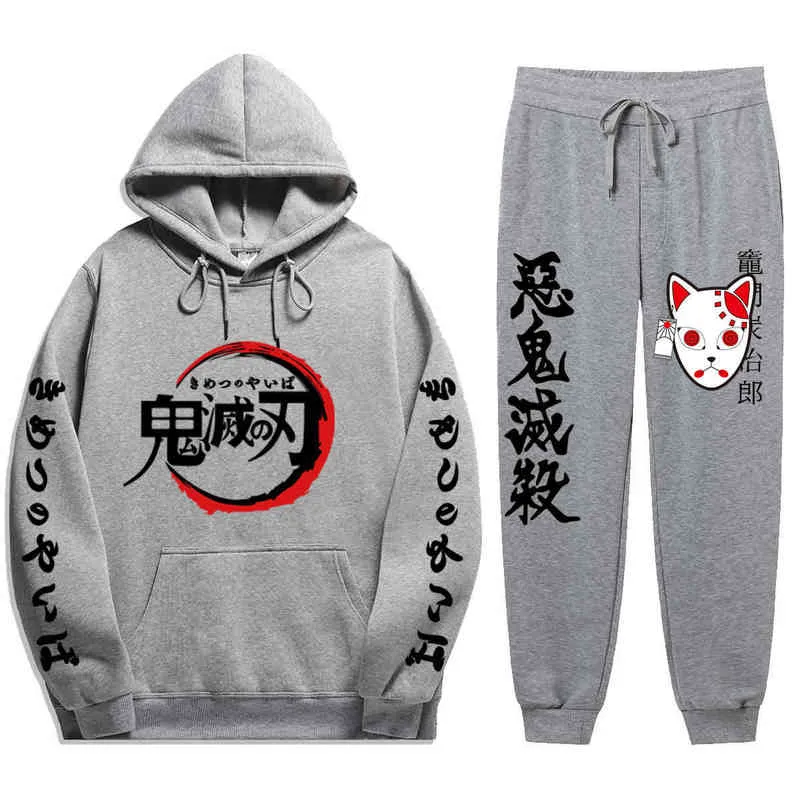 Anime Demon Slayer Dwuczęściowy moda bluza z kapturem sportswear męska garnitur z kapturem jesień zima odzież blueczka + spodnie G1217