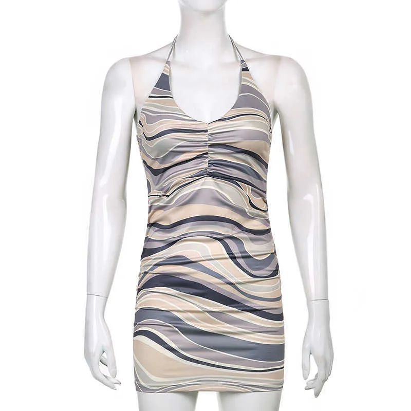 Duena Tie Dye Mini Bodycon Sukienka Club Nosić Lato Panie Ubrania Kobiety Drukuj Backless Off Ramię Brązowa Smetka 2021 x0521