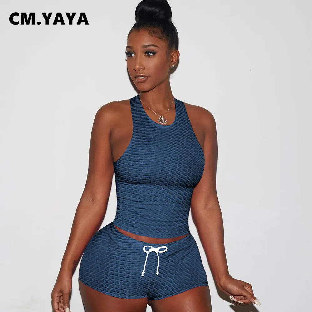 CMYAYA Active Solid Sweatsuit Damen-Set, Tank-Tops und kurzes passendes Set, Anzug, Sport-Trainingsanzug, zweiteiliges Set, Fitness-Outfit 210302