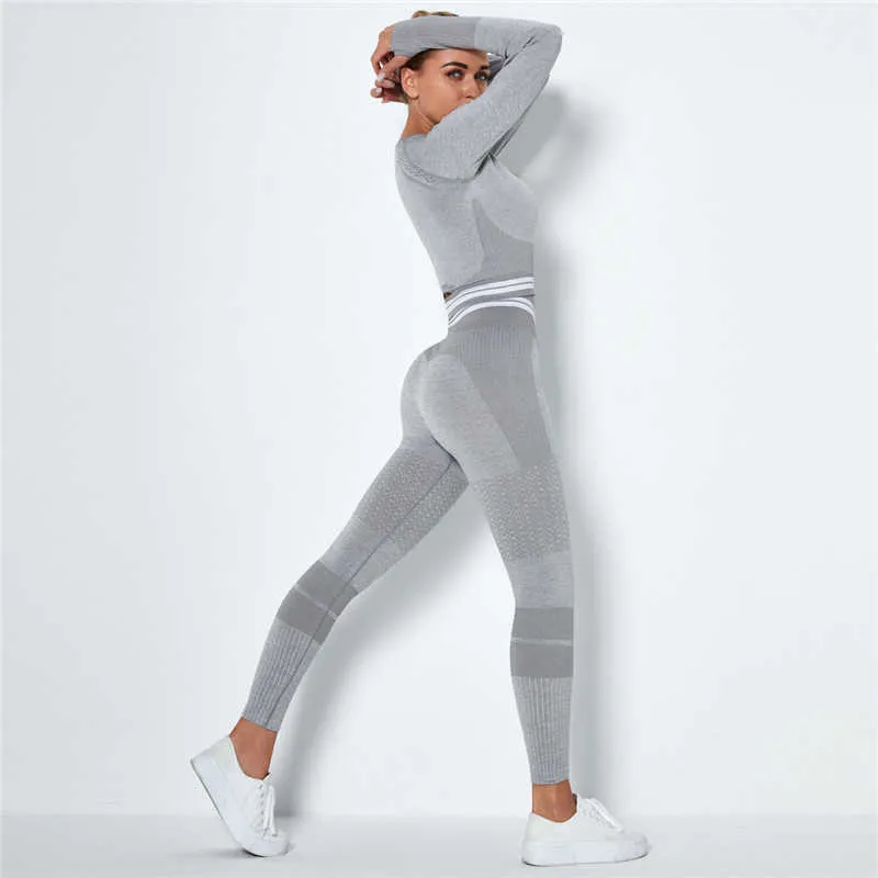 Femmes ensemble sans couture femmes Sport costume Gym vêtements d'entraînement maille à manches longues Fitness haut et Push Up Leggings survêtement Y0625