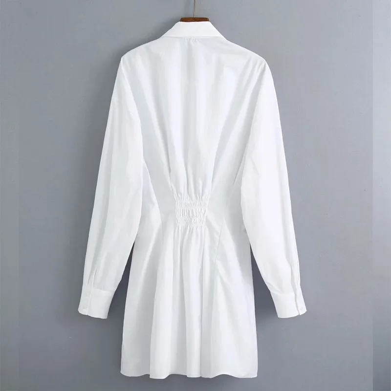Kumsvag Summer Women White Shirts Dress Long-Sleeve Turnown Turlown Elastic Waist Mini Dresses女性エレガントなAラインドレス210226