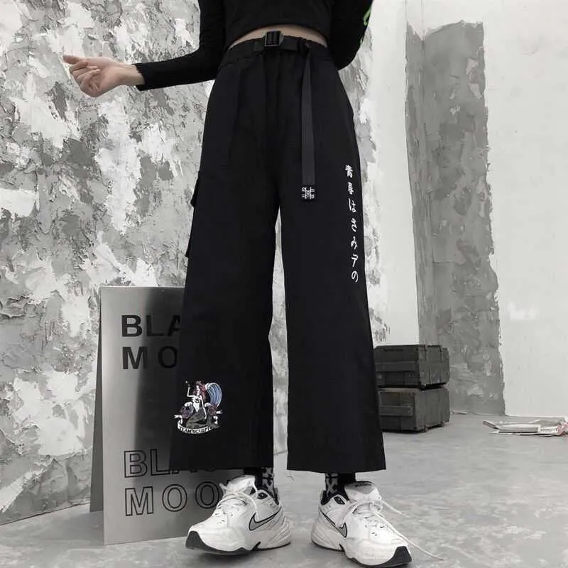 Anime Imprimir cintura alta con cinturón ancho pierna baggy pantalón joggers estilo coreano pantalones de moda harajuku suelto 210915