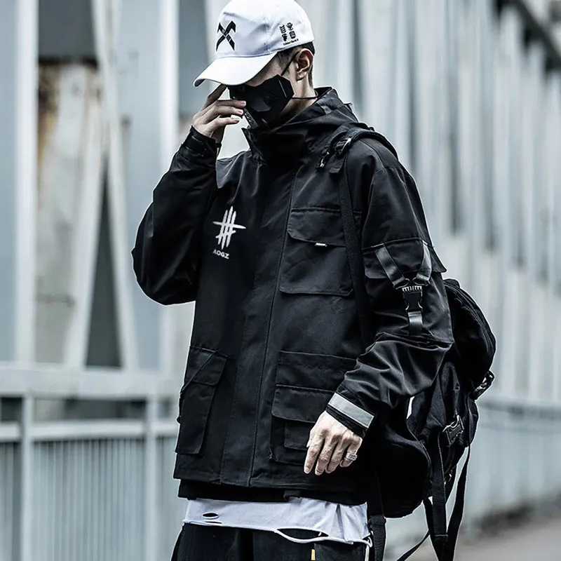 Spring Streetwear Fashion Techwear Black Trendy Hooded Men Zip Up Jacket Coat 220301