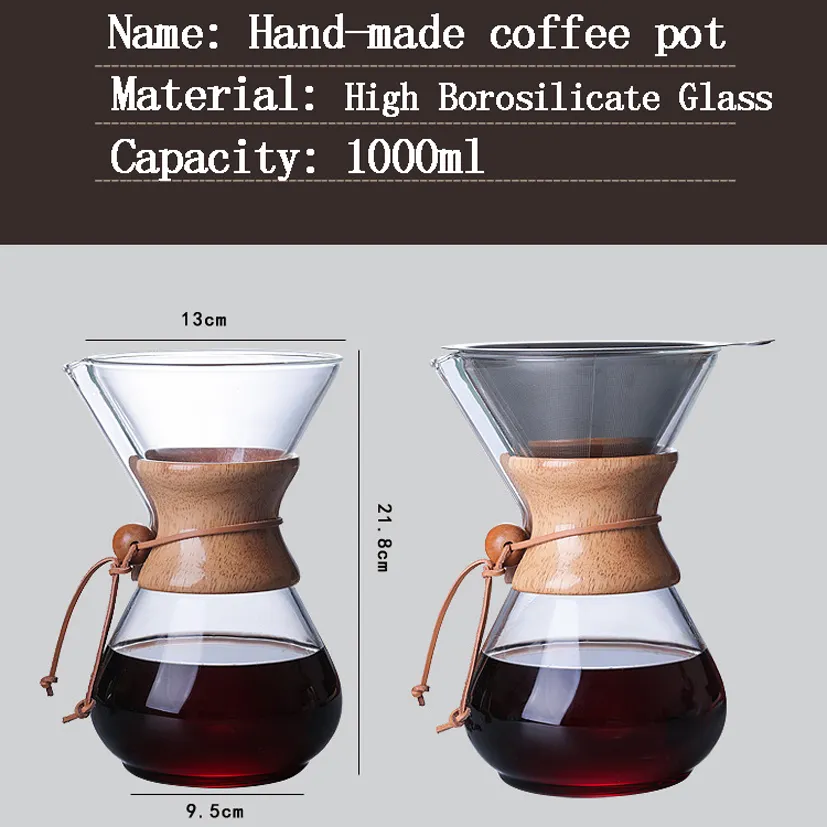 1000ml Glass Coffee Pot Dripper Moka Tea Maker Percolator Barista Tools Espresso Manual Kettle Teapot With Stainless Steel 210309