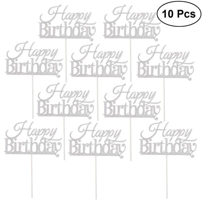 10 pezzi Cake Topper Glitter Cake Topper Buon compleanno Nuovo Glitter Cupcake Topper Decorazione Weeding Forniture feste di compleanno Y200618