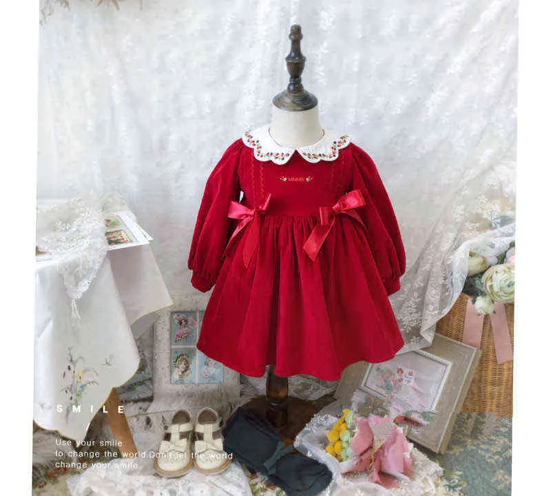 0-7y baby flicka höst vinter röd sammet långärmad vintage turkisk prinsessa klänning klänning för tjejer jul födelsedag casual g1129