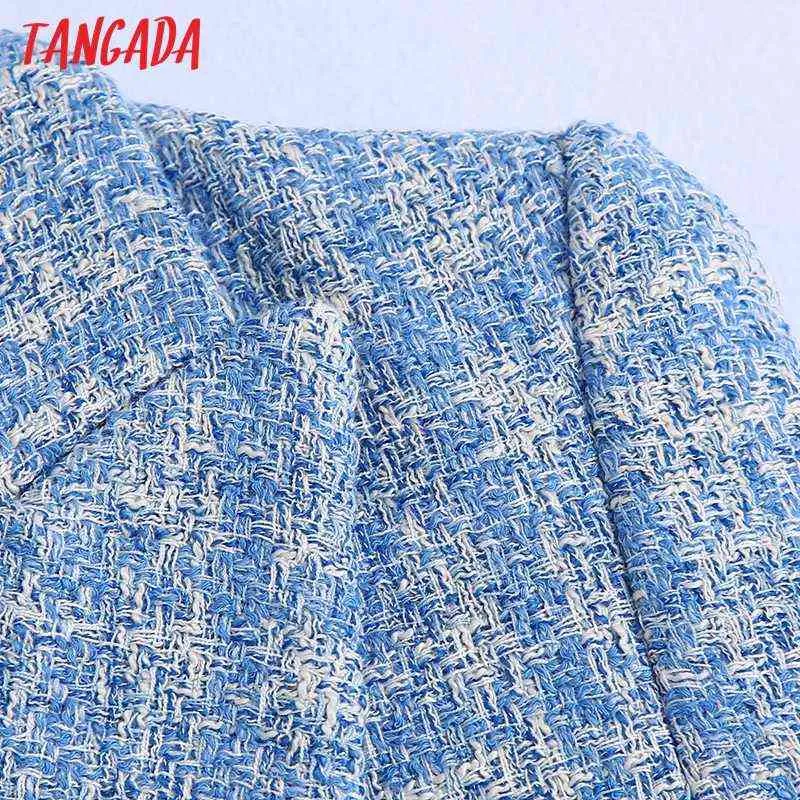 Tangada Frauen Zweireiher Tweed Blau Blazer Mantel Büro Dame Langarm Taschen Weibliche Oberbekleidung BE508 211122