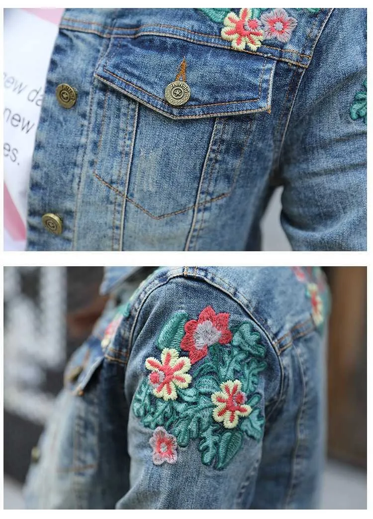 女性のジャケットデニム春と秋の韓国の刺繍花の装飾パイロット210527