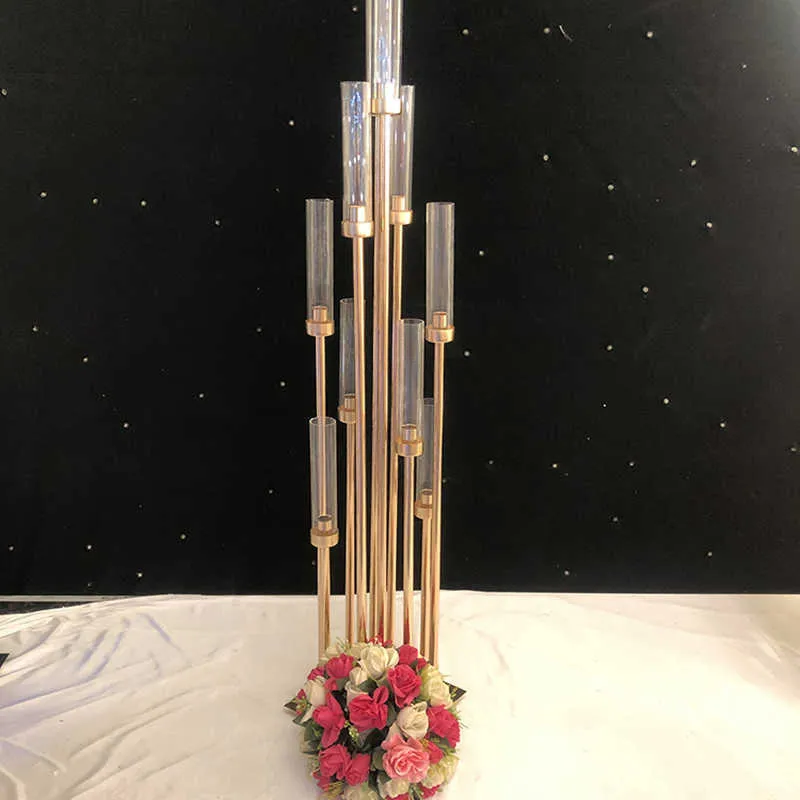 Imuwen metall ljushållare ljusstake blomma vas bröllopsbordet centerpiece candelabra pillar stå väg ledande fest dekor 210722