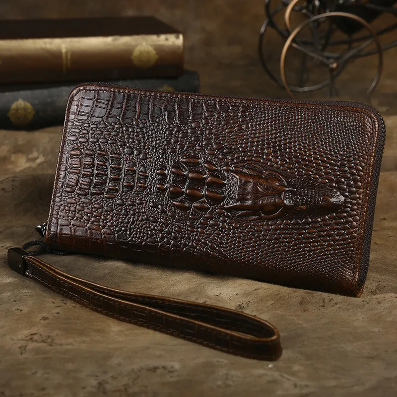 Pochette en cuir véritable pour hommes, tête de Crocodile, longue porte-monnaie, organisateur d'argent, portefeuilles