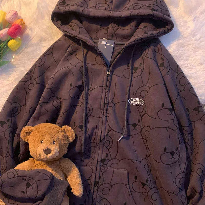 Sevimli Lillte Bear Karikatür Baskı Zip Up Hoodie Kore Moda Kawaii Giysi Kadınlar için Hoodies Kazak Kazak Ceketler 211109