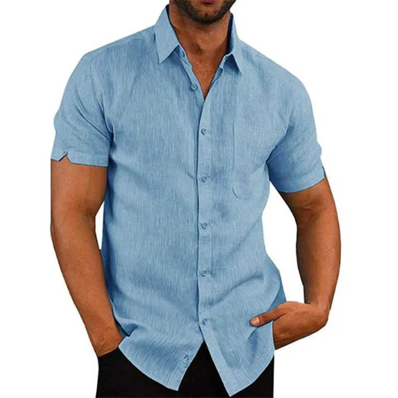 Herrskjortor blus kort ärm män avslappnad smal fit mandarin krage skjortor högkvalitativ sommarstrand tröja 210701