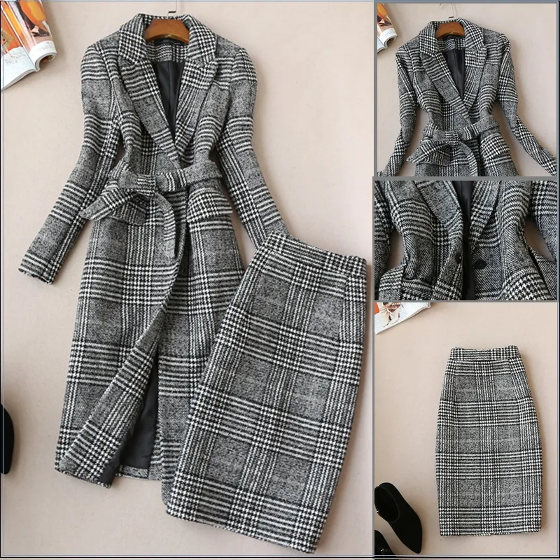 Designs inverno feminino ternos de duas peças vestido saias definir temperamento fino lã longo senhoras casaco jaqueta saia fina de duas peças