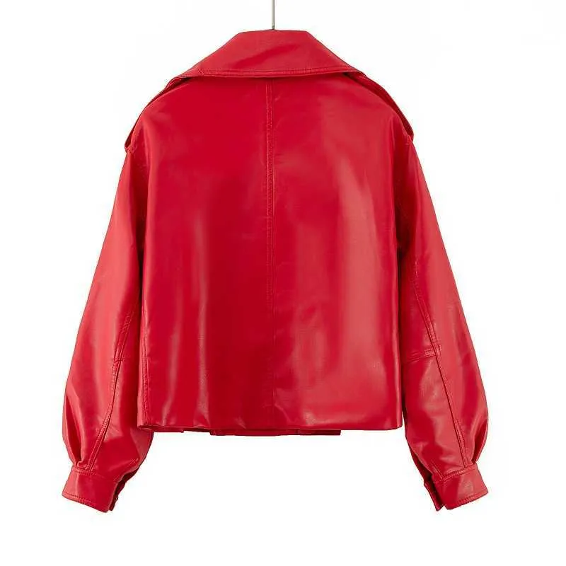 Ly Varey Lin Black Short Loose PU Läderjacka Höst Faux Mjuk Kvinna Streetwear Red Overcoat Biker 210526