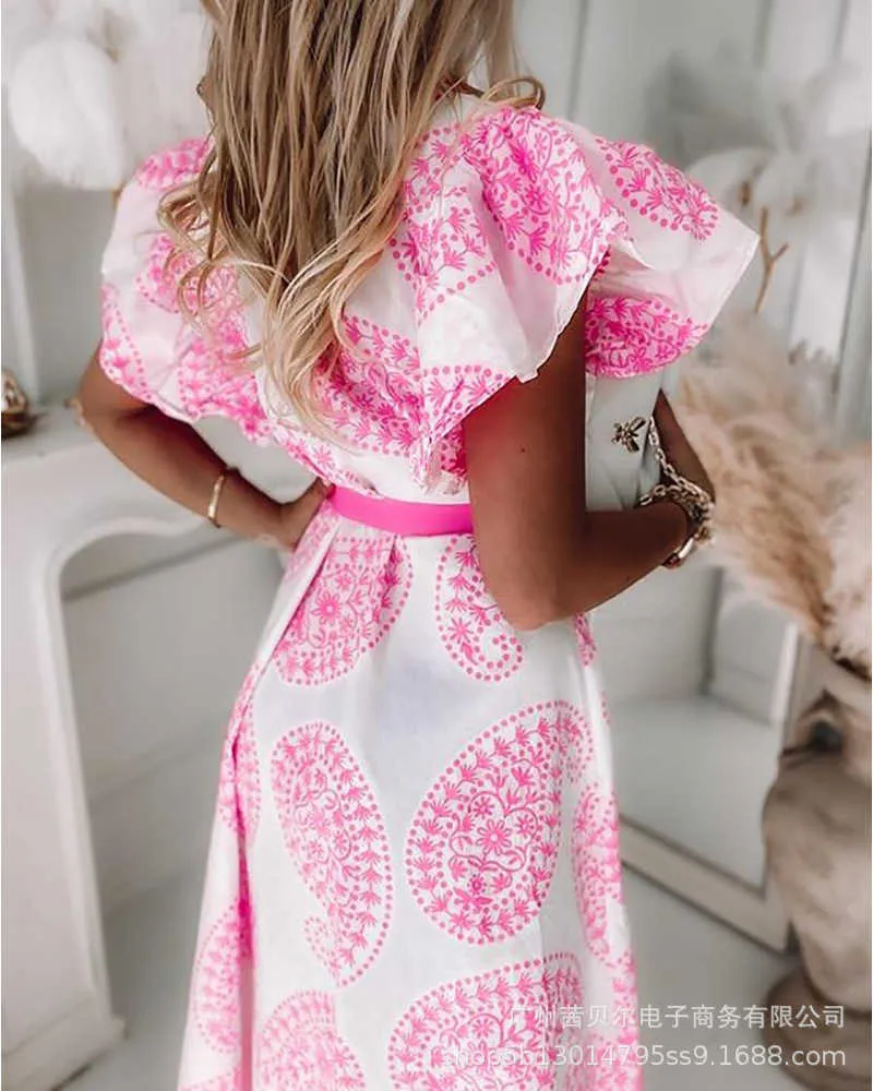 パターン印刷フリルのゆるいシャツのドレス飛行スリーブハイウエスト夏のロングスカートピンクのブラウスドレスY1006