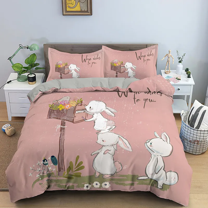 Children Bedding Sets Gifts Cute Bunny Printing Bed Set Polyester Duvet Cover For Kids Girls Boys 2/220212