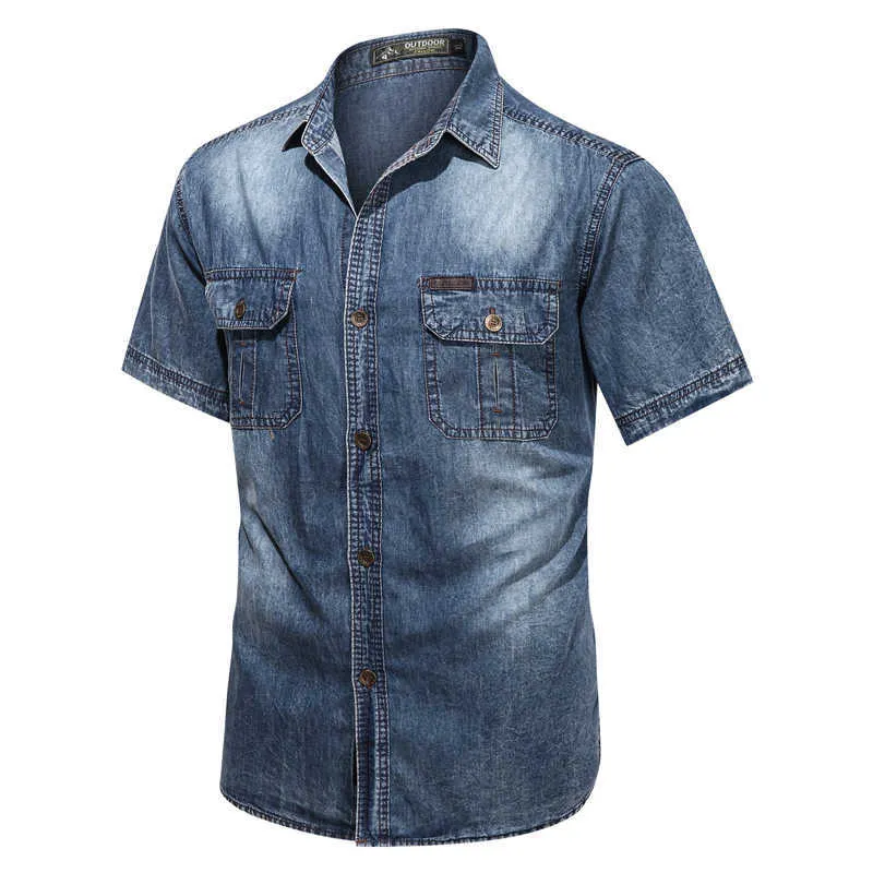 Light Blue Men's Denim Shirts Short Sleeve Thin Cotton Slim Elastic Jeans Summer High Quality Pockets Shirt 210721