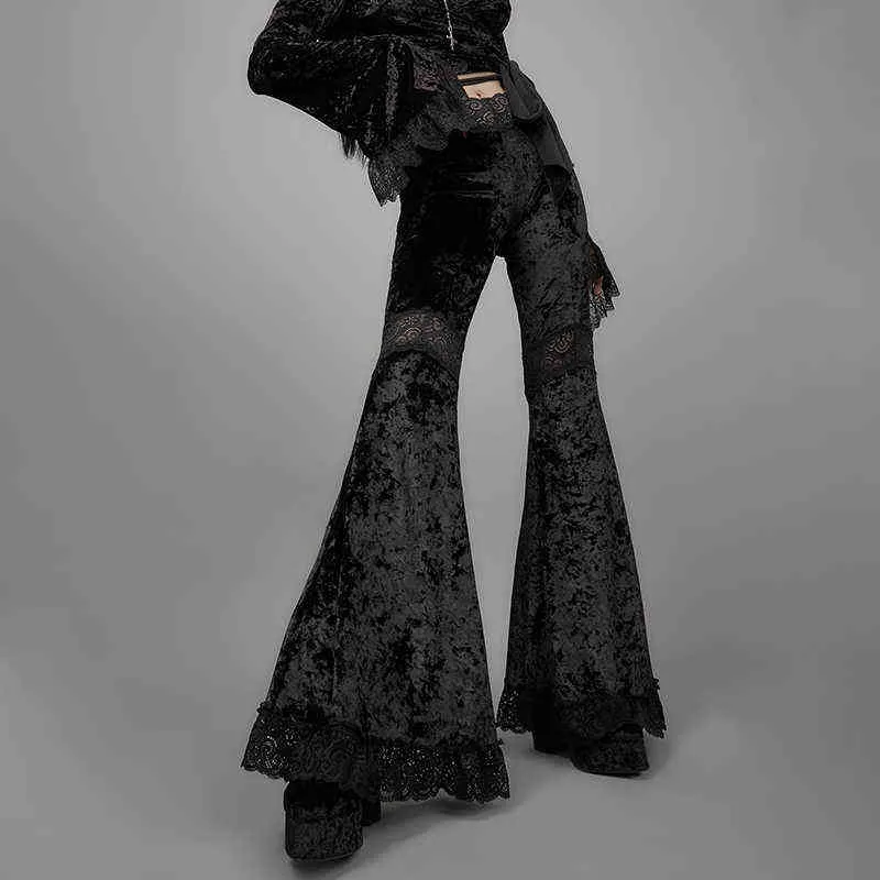 InsDoit gothique noir Punk pantalon femmes Streetwear Grunge pantalon Vintage Harajuku Patchwork dentelle velours taille haute 211115