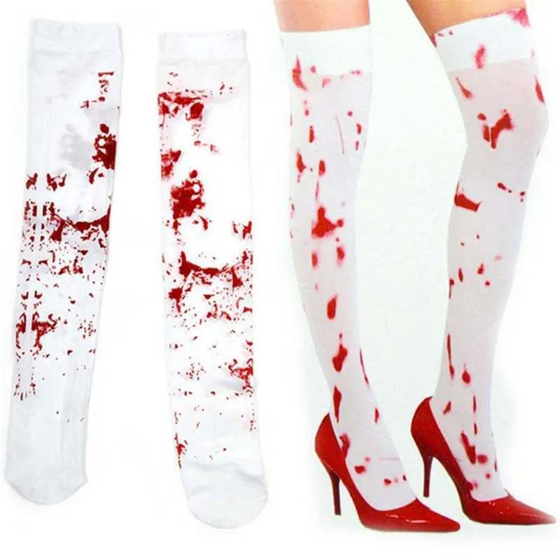 Halloween Infirmière Thème Costume Accessoires Crâne Squelette Saignement Bas Adulte Femmes Velours Collants Noir / Blanc Y0829