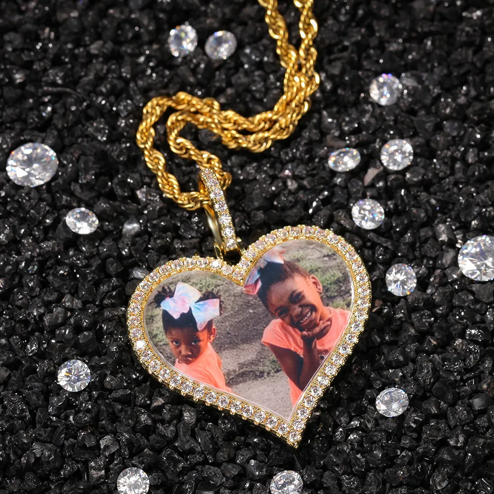 Photos personnalisées collier mode plaqué or mémoire glacé coeur pendentif colliers hommes Hip Hop bijoux