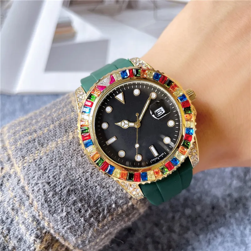 Брендовые часы для мужчин и женщин с красочными кристаллами и бриллиантами в стиле резиновый ремешок кварцевые наручные часы X205