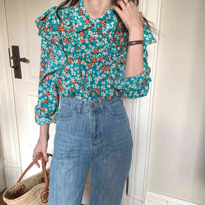 Vintage Losse Mode All Match Streetwear Printing Shirts Vrouwelijke Tops Retro Chic Office Dame Blouses 210525