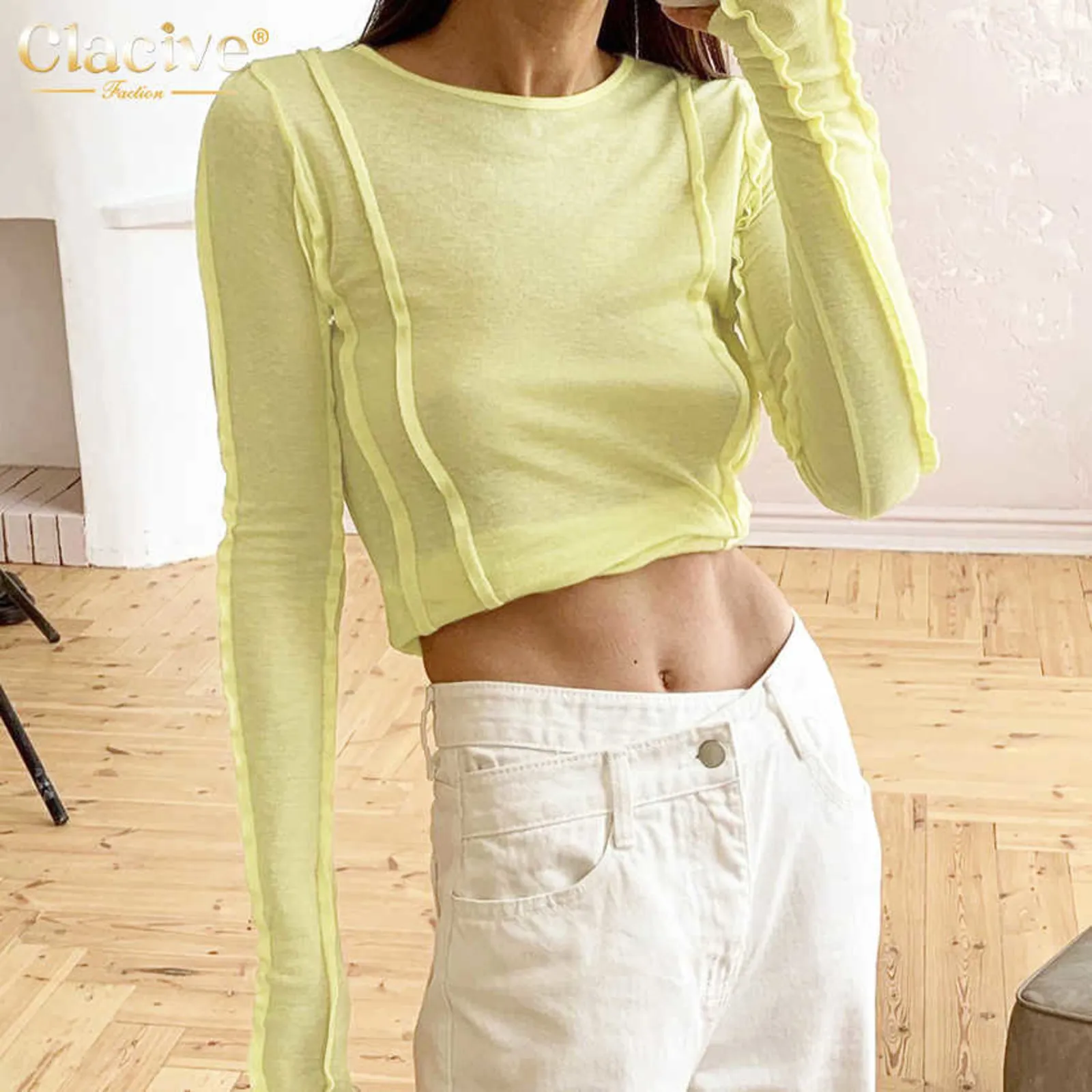Clacive Bodycon White O-Neck Women'S T-Shirt Elegant Yellow Long Sleeve Fall Tee Shirt Casual Slim Elastic Solid Top Female 220208